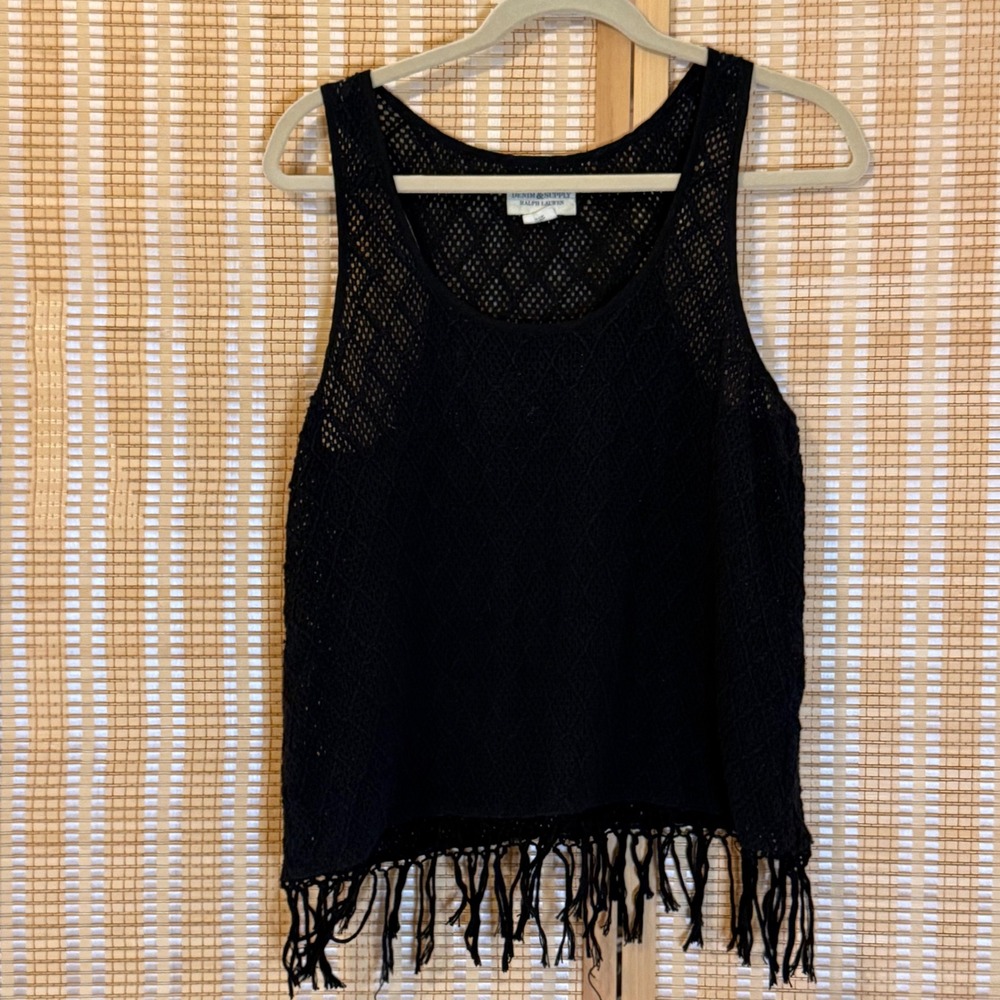Denim & Supply Ralph Lauren Black Crochet Fringe Tank Top Racerback Medium
